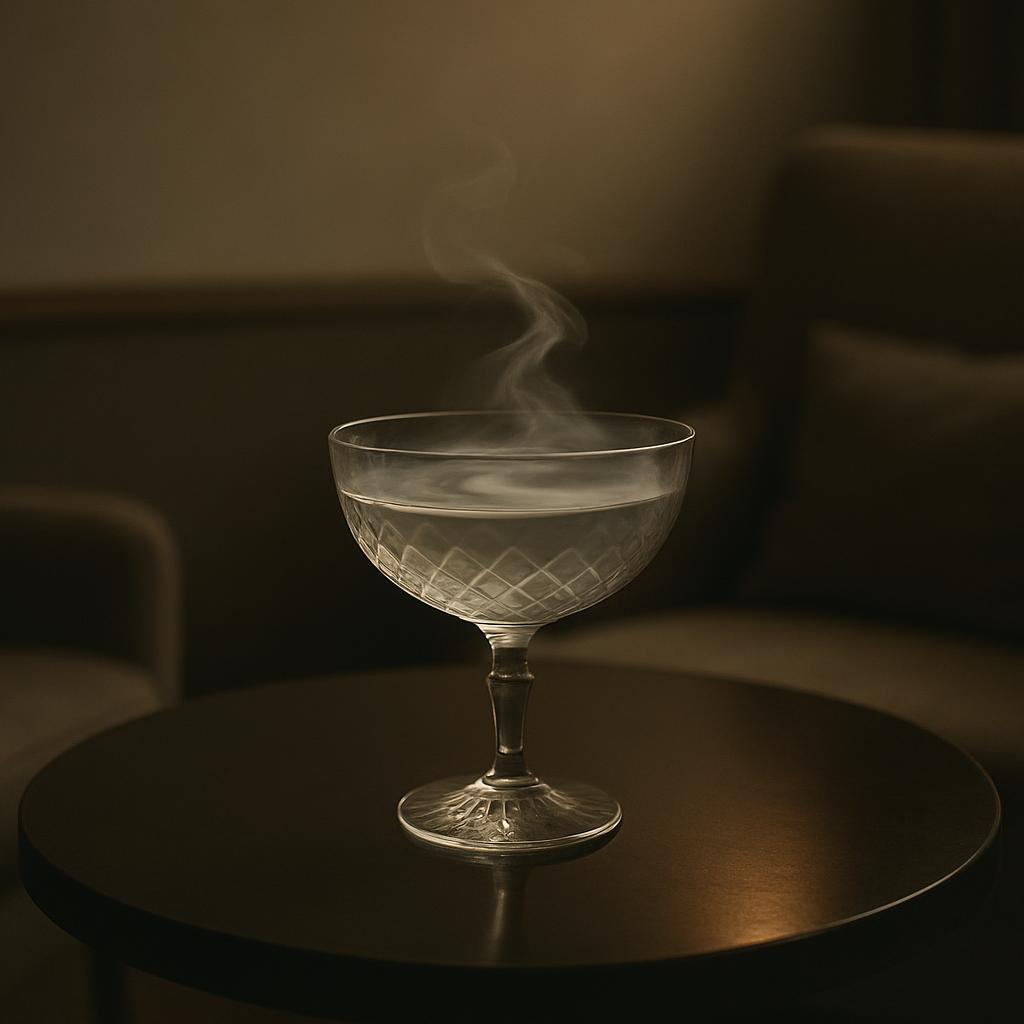 Glassware emitting smoke, placed upon a table in a dark setting.